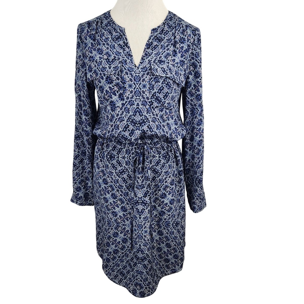 Rebecca Taylor Shirt Dress Women's 0 Blue Silk Floral Print Long Sleeve V-Neck